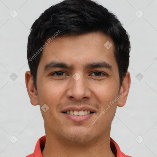 Joyful white young-adult male with short  black hair and brown eyes