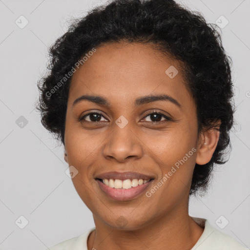 Joyful latino young-adult female with short  black hair and brown eyes