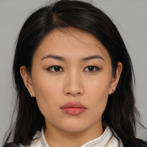 Neutral asian young-adult female with medium  black hair and brown eyes