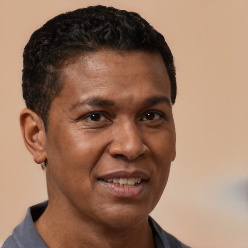 Joyful black adult male with short  brown hair and brown eyes