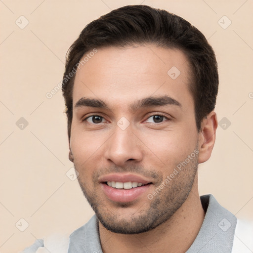 Joyful white young-adult male with short  brown hair and brown eyes