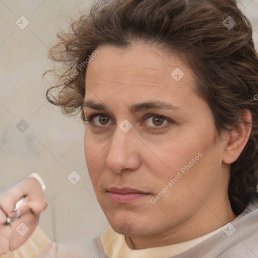 Neutral white adult female with short  brown hair and brown eyes