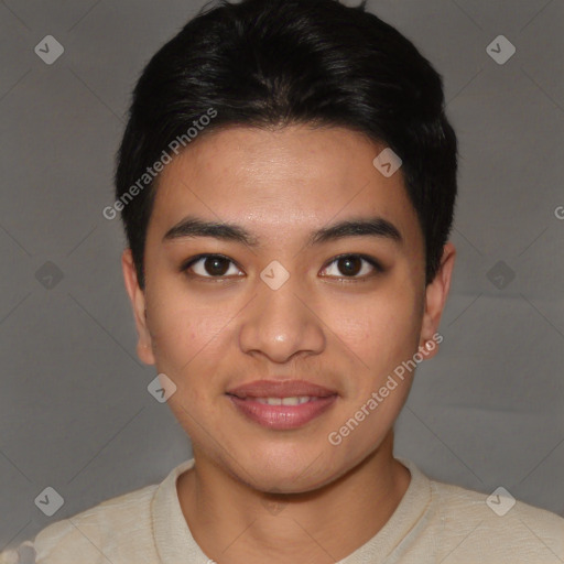 Joyful asian young-adult male with short  brown hair and brown eyes