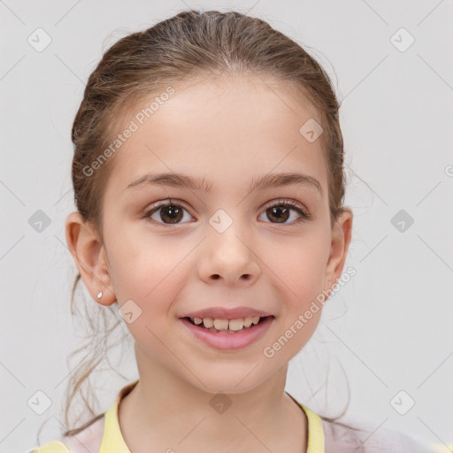 Joyful white child female with medium  brown hair and brown eyes