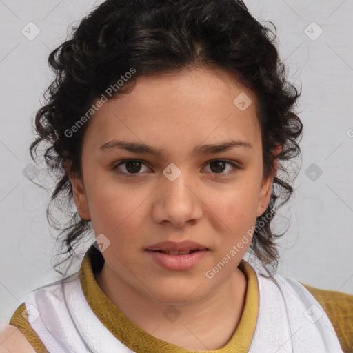 Joyful white child female with medium  brown hair and brown eyes