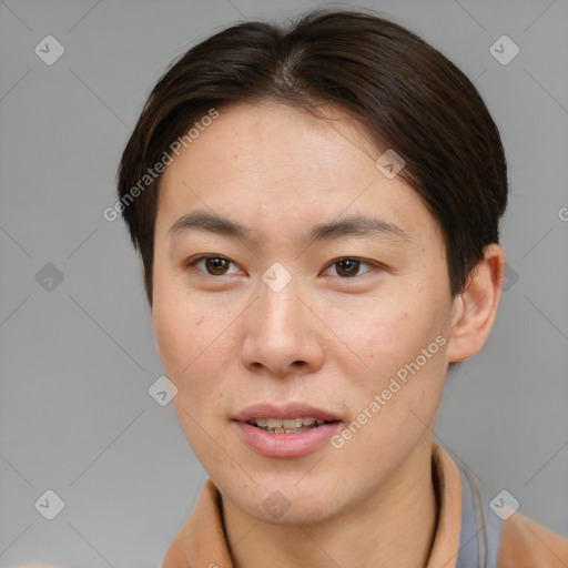 Joyful asian young-adult female with short  brown hair and brown eyes