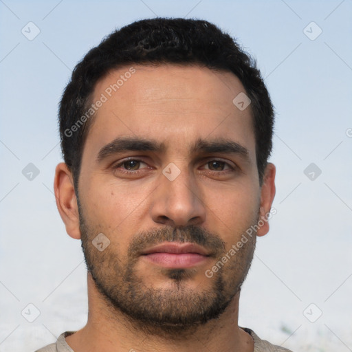 Neutral latino young-adult male with short  black hair and brown eyes