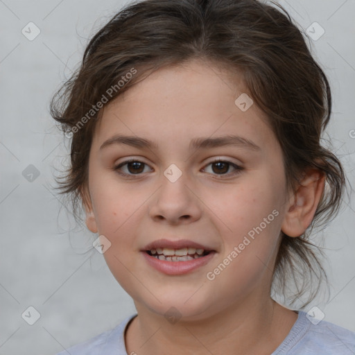 Joyful white child female with medium  brown hair and brown eyes