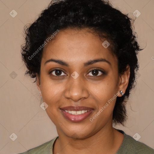 Joyful black young-adult female with medium  brown hair and brown eyes