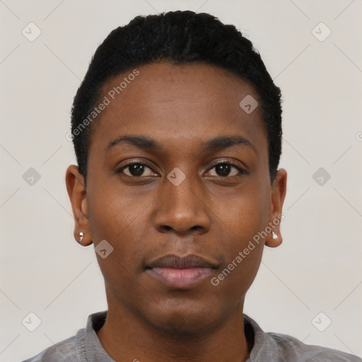 Neutral black young-adult male with short  black hair and brown eyes