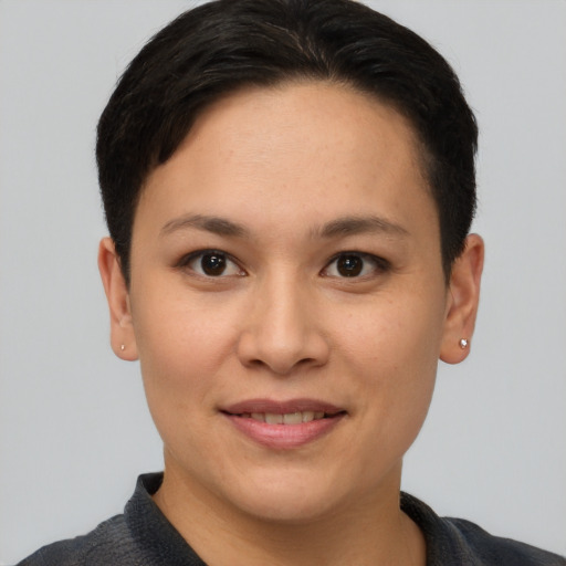 Joyful asian young-adult female with short  brown hair and brown eyes