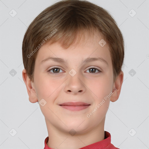 Joyful white child male with short  brown hair and brown eyes