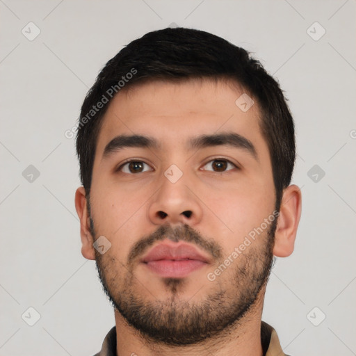 Neutral asian young-adult male with short  black hair and brown eyes