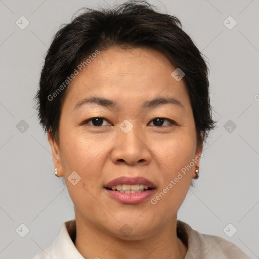 Joyful white adult female with short  brown hair and brown eyes