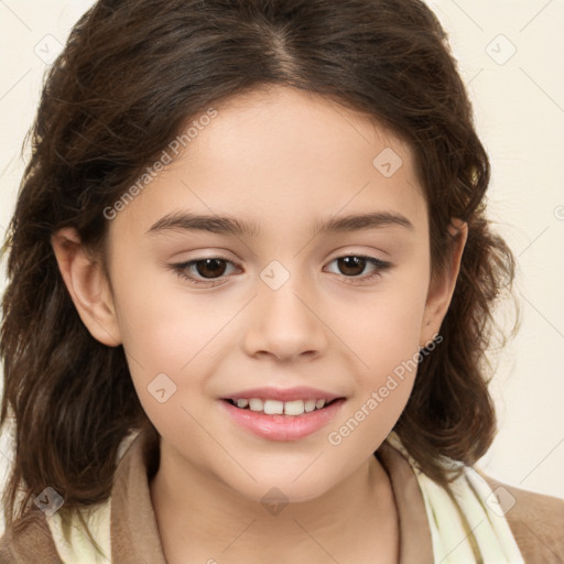 Joyful white child female with medium  brown hair and brown eyes