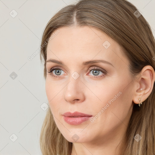 Neutral white young-adult female with long  brown hair and grey eyes