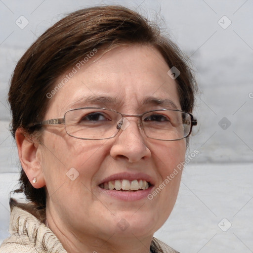 Joyful white adult female with medium  brown hair and blue eyes