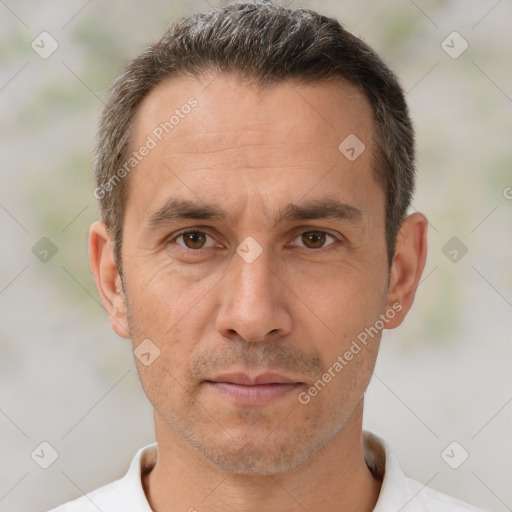 Neutral white adult male with short  brown hair and brown eyes