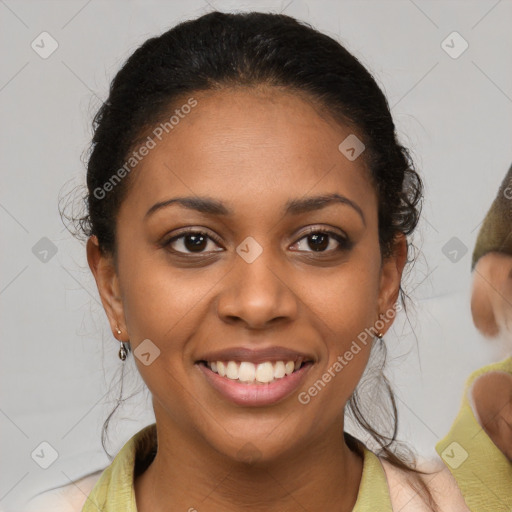 Joyful black young-adult female with medium  brown hair and brown eyes