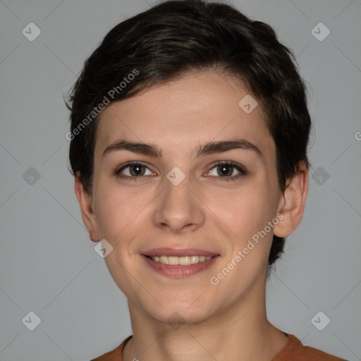 Joyful white young-adult female with short  brown hair and brown eyes