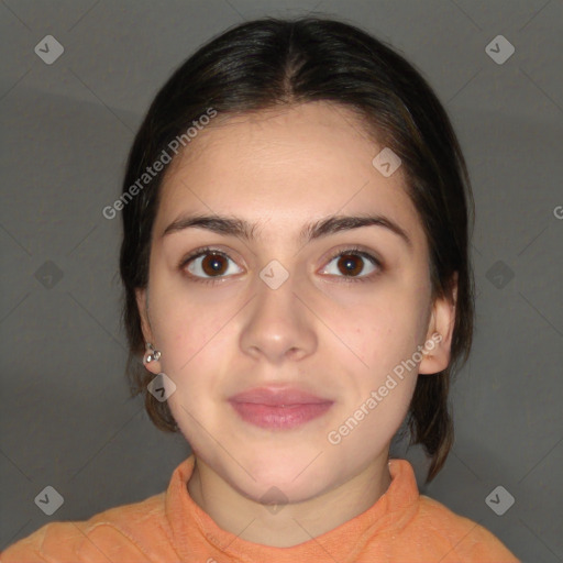 Neutral white young-adult female with medium  brown hair and brown eyes