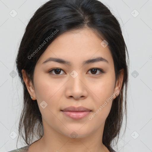 Neutral asian young-adult female with medium  brown hair and brown eyes