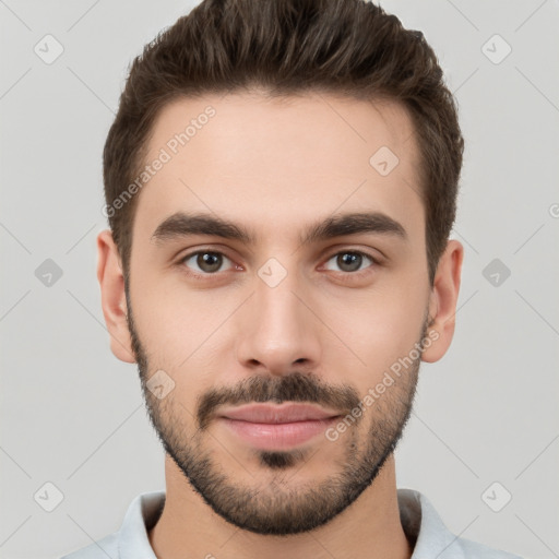 Neutral white young-adult male with short  brown hair and brown eyes