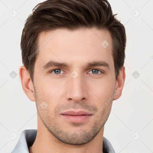 Neutral white young-adult male with short  brown hair and brown eyes