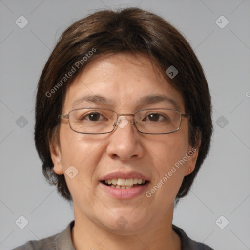 Joyful white adult female with medium  brown hair and brown eyes