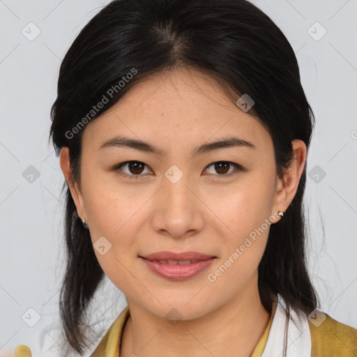 Joyful asian young-adult female with medium  brown hair and brown eyes