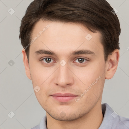 Neutral white young-adult male with short  brown hair and brown eyes