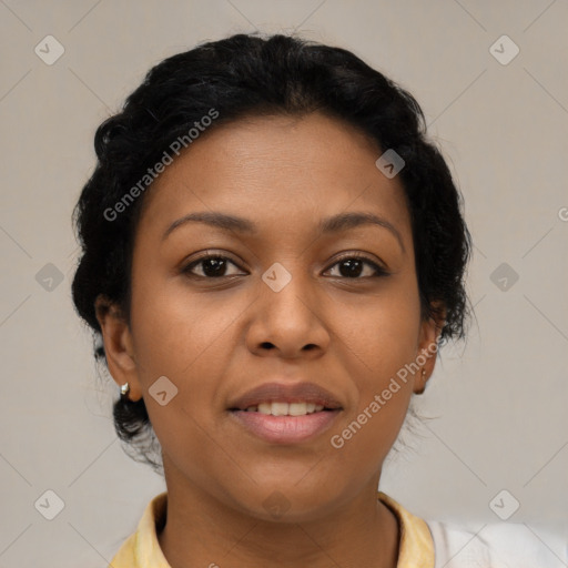 Joyful latino young-adult female with short  brown hair and brown eyes