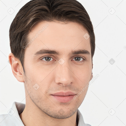 Neutral white young-adult male with short  brown hair and brown eyes