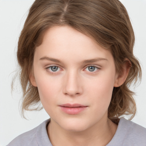 Neutral white young-adult female with medium  brown hair and grey eyes