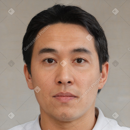 Neutral asian young-adult male with short  black hair and brown eyes