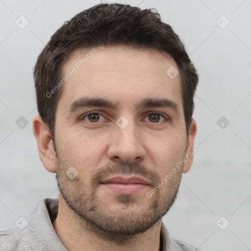 Neutral white young-adult male with short  brown hair and brown eyes