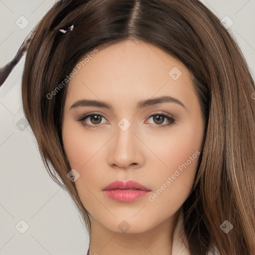 Neutral white young-adult female with long  brown hair and brown eyes