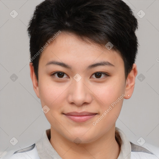 Joyful asian young-adult female with short  brown hair and brown eyes