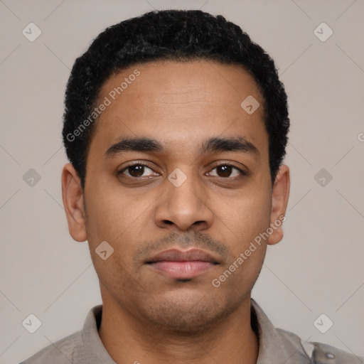 Neutral latino young-adult male with short  black hair and brown eyes