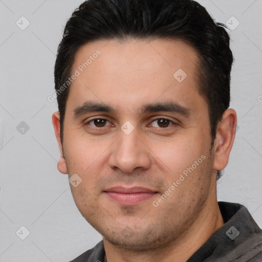 Joyful white young-adult male with short  brown hair and brown eyes