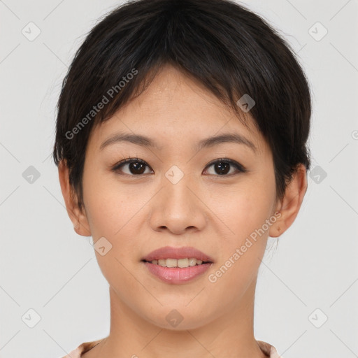 Joyful asian young-adult female with short  brown hair and brown eyes