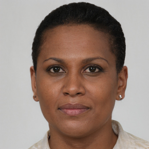 Joyful black young-adult female with short  brown hair and brown eyes