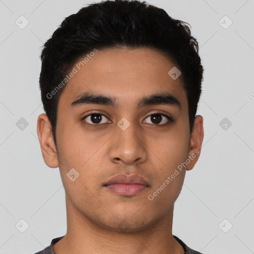Neutral latino young-adult male with short  black hair and brown eyes