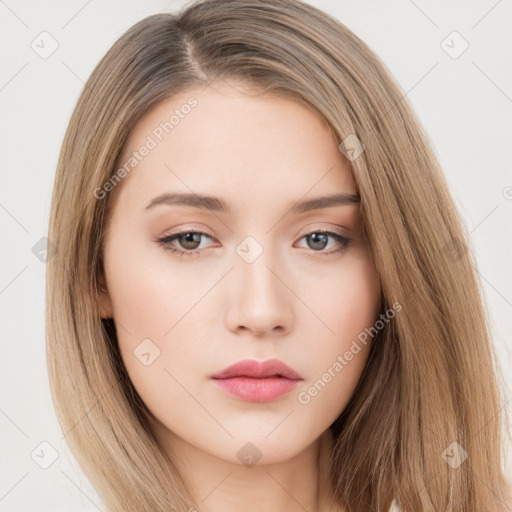 Neutral white young-adult female with long  brown hair and brown eyes