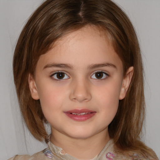 Joyful white child female with medium  brown hair and brown eyes