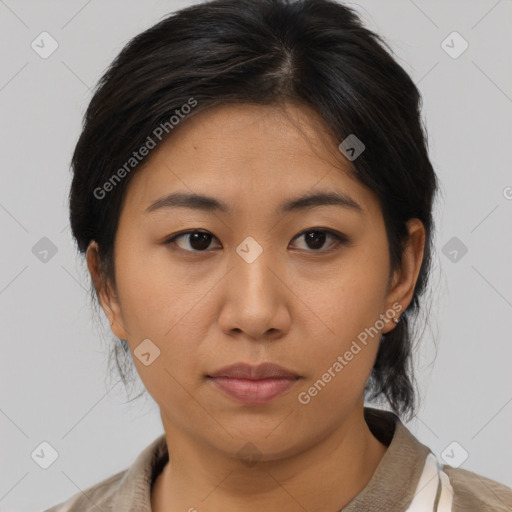 Neutral asian young-adult female with medium  brown hair and brown eyes