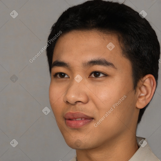 Joyful asian young-adult male with short  black hair and brown eyes