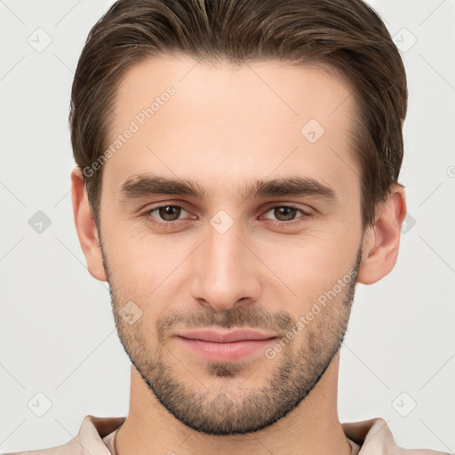 Joyful white young-adult male with short  brown hair and brown eyes