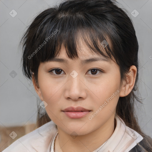 Neutral asian young-adult female with medium  brown hair and brown eyes