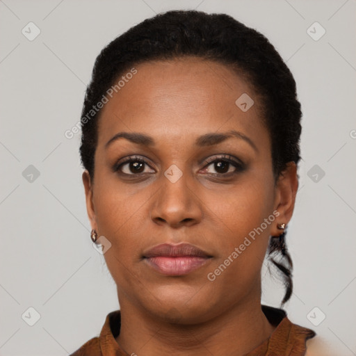 Neutral black young-adult female with short  black hair and brown eyes